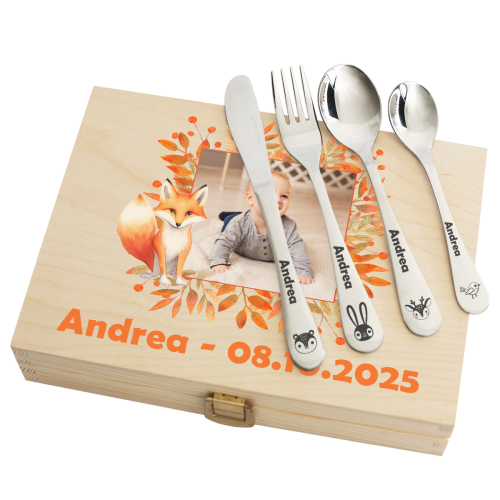 Caja de cubiertos infantiles personalizada Pequeño Zorro con foto Caja de cubiertos infantiles personalizada Pequeño Zorro con foto