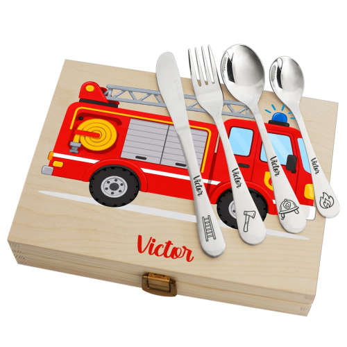 Cofre camión de bomberos y sus cubiertos personalizados Cofre camión de bomberos y sus cubiertos personalizados
