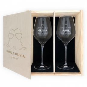 Cofre con 2 copas de vino “Cheers” personalizadas Cofre con 2 copas de vino “Cheers” personalizadas
