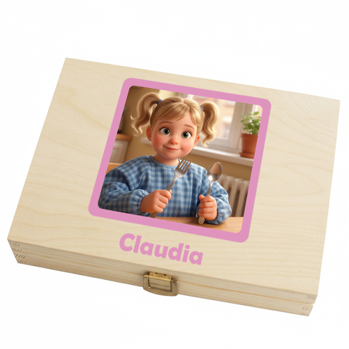 Set de cubiertos para niños con foto transformada en estilo dibujo animado Set de cubiertos para niños con foto transformada en estilo dibujo animado