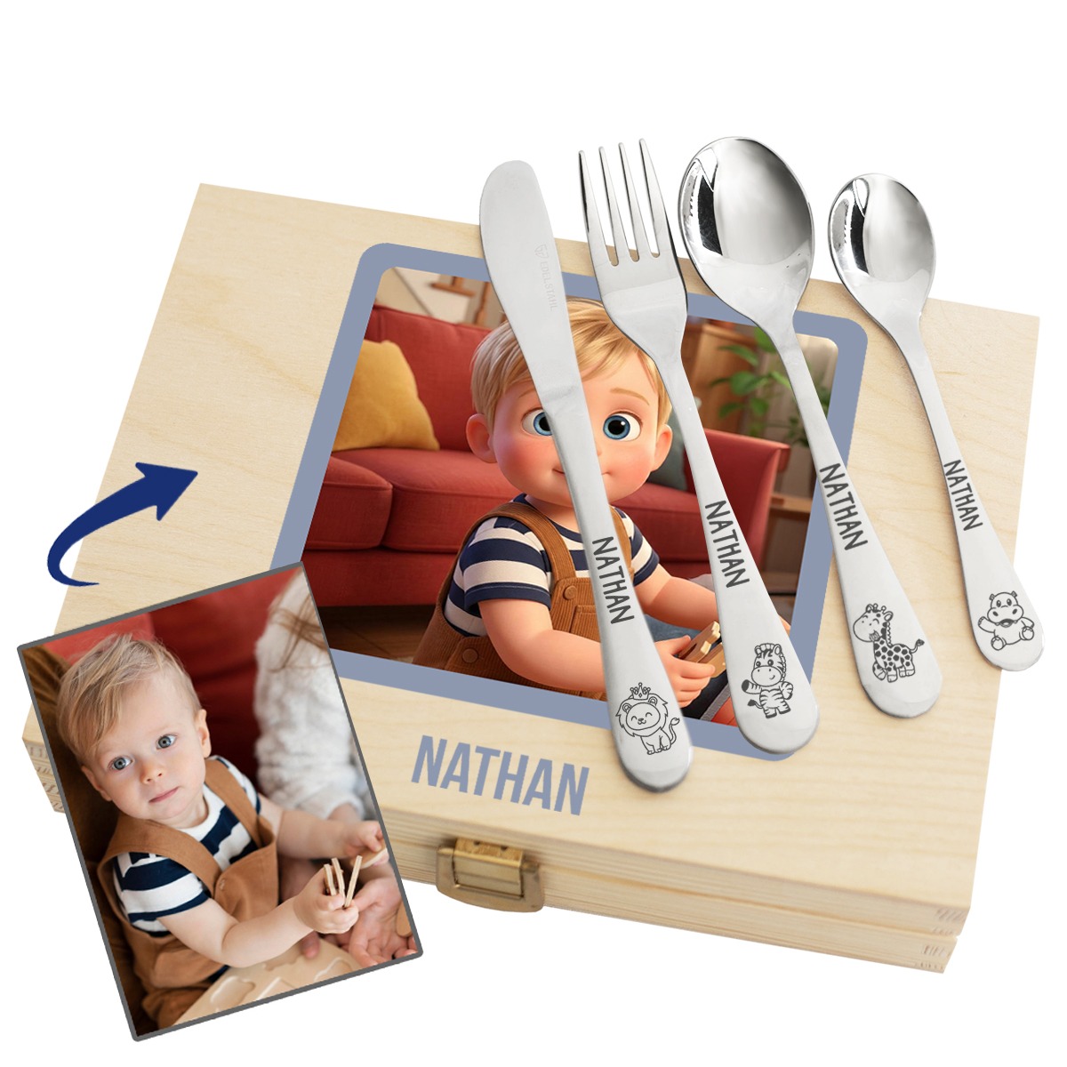 Set de cubiertos para niños con foto transformada en estilo dibujo ani Set de cubiertos para niños con foto transformada en estilo dibujo ani