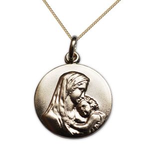 Medalla virgen chapada en oro con el niño grabada