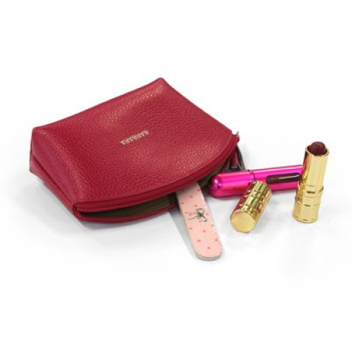 bolsa de maquillaje en cuero abierta