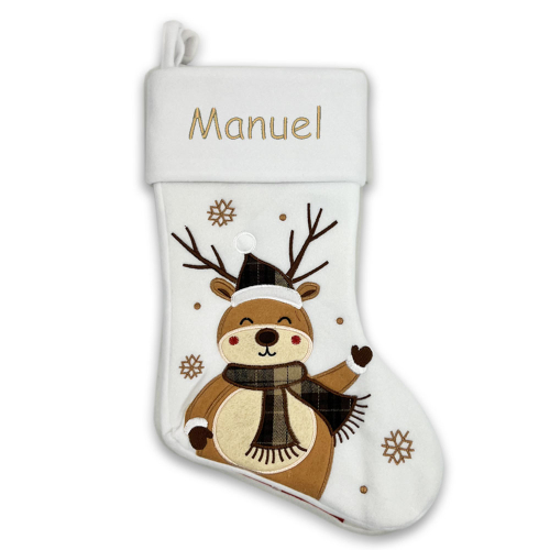 Bota de Navidad blanca bordada con un nombre