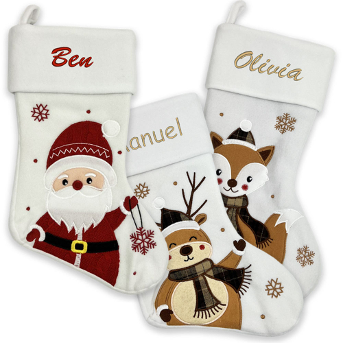Bota de Navidad blanca bordada con un nombre