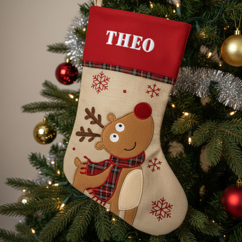 Bota de Navidad efecto lino con ribete escocés