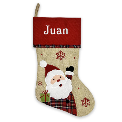 Bota de Navidad efecto lino con ribete escocés