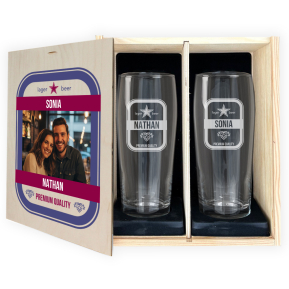 Caja con 2 vasos de cerveza personalizados con foto