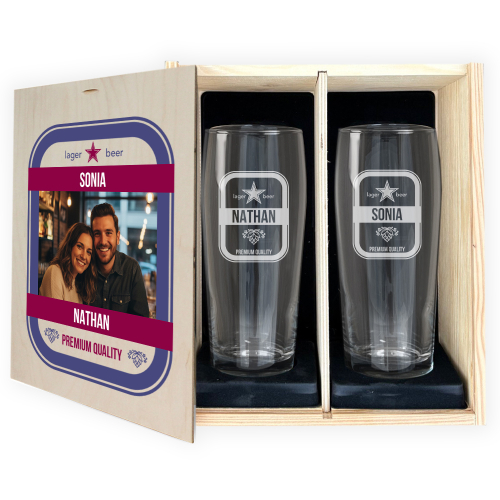 Caja con 2 vasos de cerveza personalizados con foto