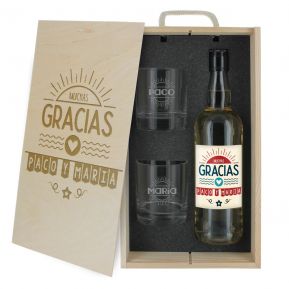 Caja de regalo Gracias : botella de whisky y dos vasos