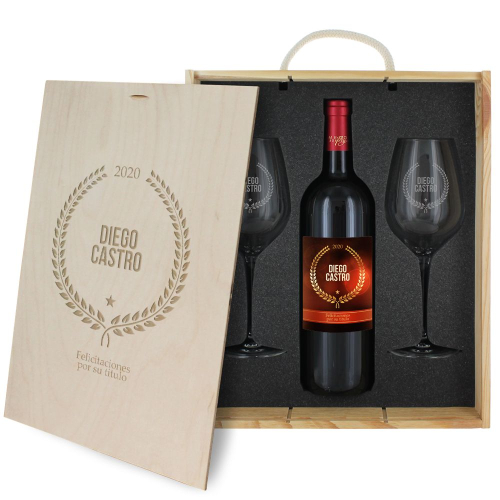 Caja de regalo Award : dos vasos y botellla de vino