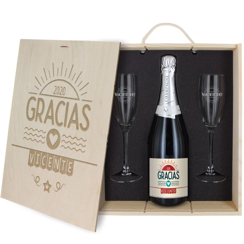 Caja de regalo Gracias : botella de champán y dos copas