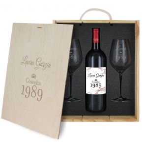 Caja de regalo cumpleaños : botella de vino y dos copas