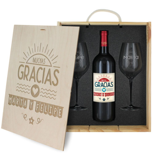 Caja de regalo gracias : dos vasos y botellla de vino