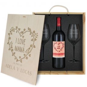 Caja de regalo Mamá : botella de vino y dos copas