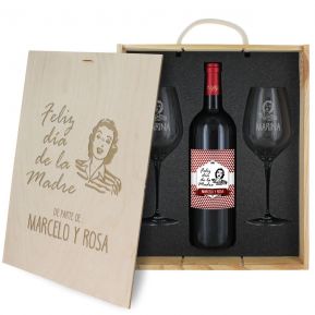 Caja de regalo Día de la Madre : botella de vino y dos copas