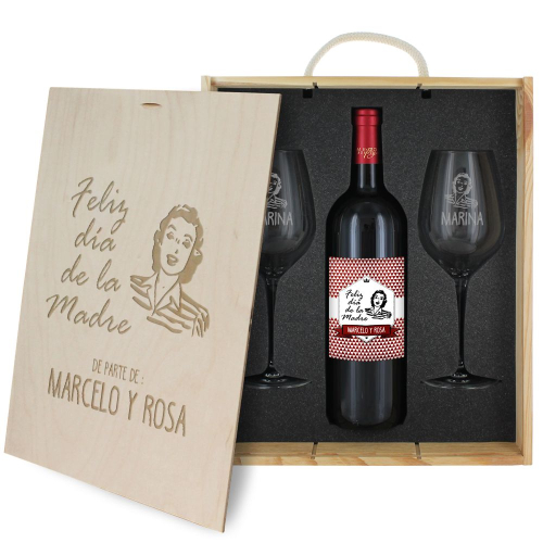 Dar una vuelta a la deriva colina Caja de regalo Día de la Madre : botella de vino y dos copas