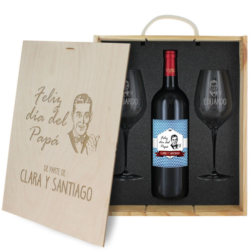 Caja de regalo Día del Padre - Botella de vino y 2 copas personalizadas