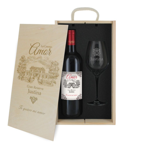 Caja de regalo Amor - Botella de vino y copa personalizadas