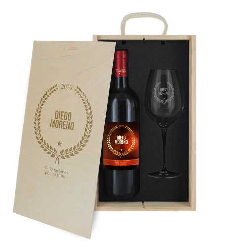 Caja de regalo Award - Botella de vino y copa personalizadas