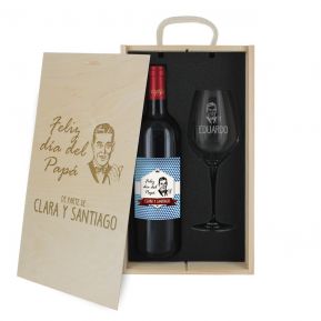 Caja de regalo para el día del padre: botella de vino y una copa