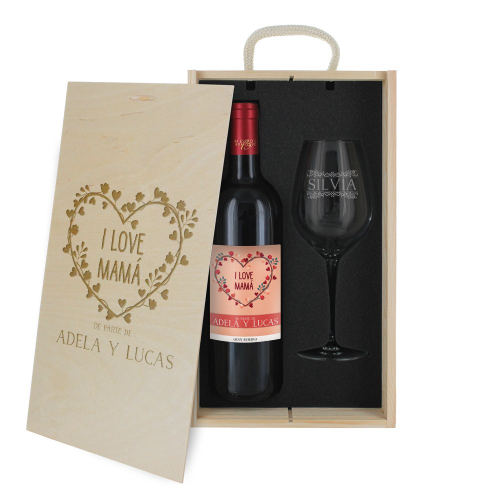 Caja de regalo Mama - Botella de vino y copa personalizadas