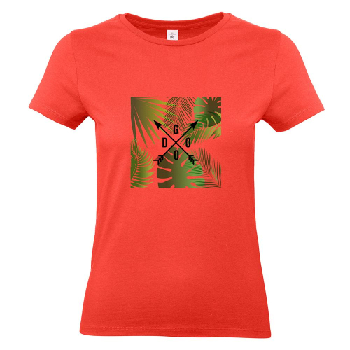 Camiseta mujer con palmeras y flechas coral