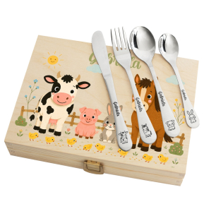 Cofre animales de granja y sus cubiertos personalizados