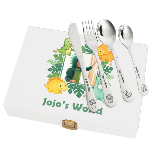 Cofre de cubiertos infantil personalizado con dinosaurios y foto