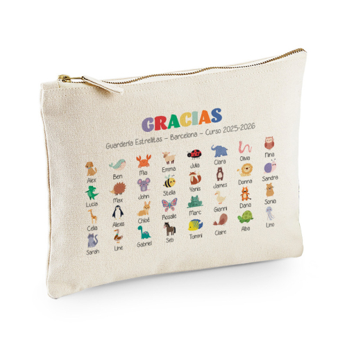 Estuche impreso GRACIAS con animales y nombres
