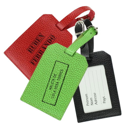 Funda en cuero para etiqueta de viaje grabada sello
