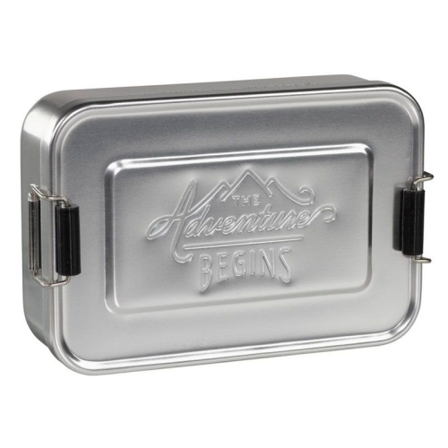 Caja en aluminio plateada  the Adventure Begins