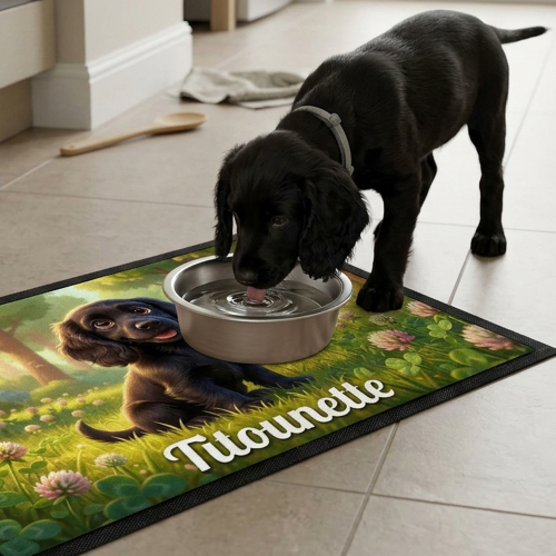 Alfombrilla para comedero personalizada estilo animaci&oacute;n 3D para perro