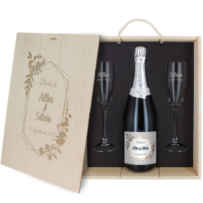 Caja de regalo Boda : botella de champn y dos copas