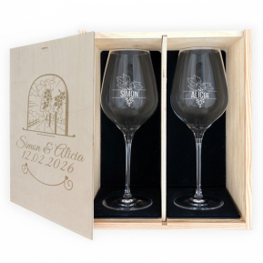 Caja personalizada Tradición con dos copas de vino Caja personalizada Tradición con dos copas de vino