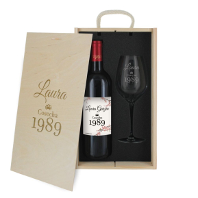 Caja de regalo cumpleaos : botella de vino y una copa