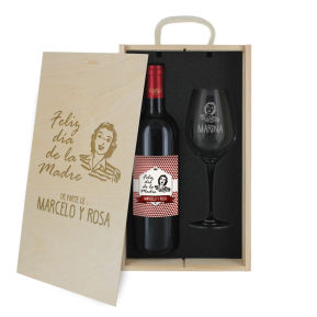 Caja de regalo Da de la Madre : botella de vino y una copa