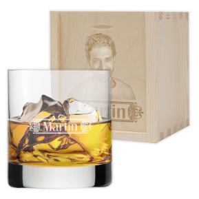 Vaso de whisky personalizado con nombre y su caja con foto