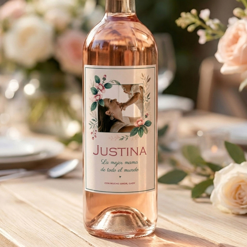 Botella de vino personalizada con foto y decoraci&oacute;n campestre