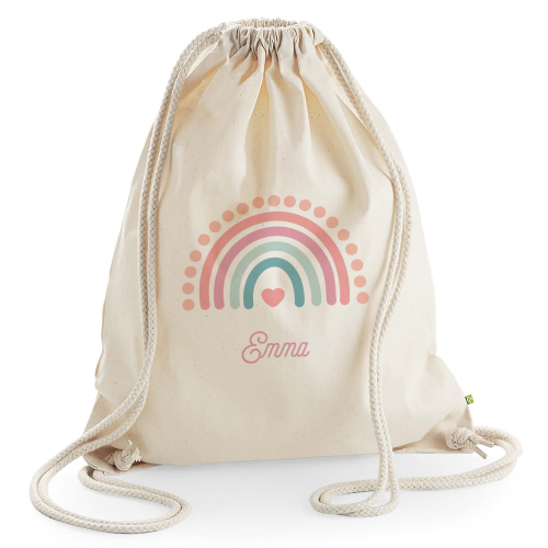 Mochila de algodón con nombre y arcoíris