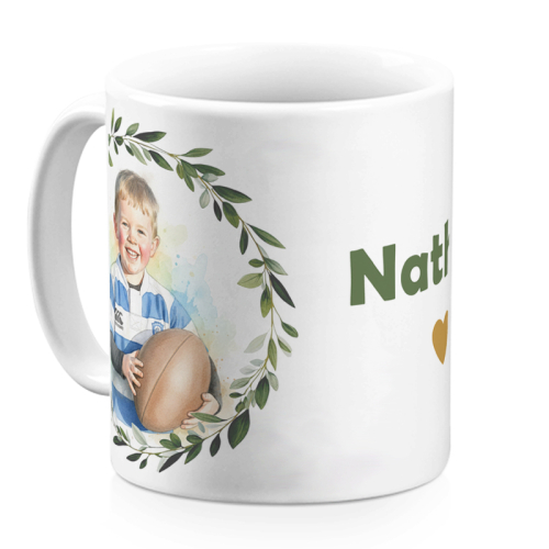 Mug retrato en un marco vegetal