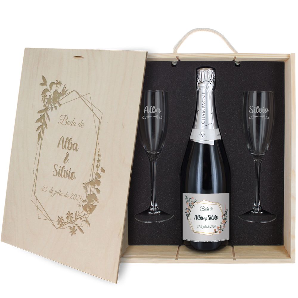 Caja de regalo Boda : botella de champán y dos copas