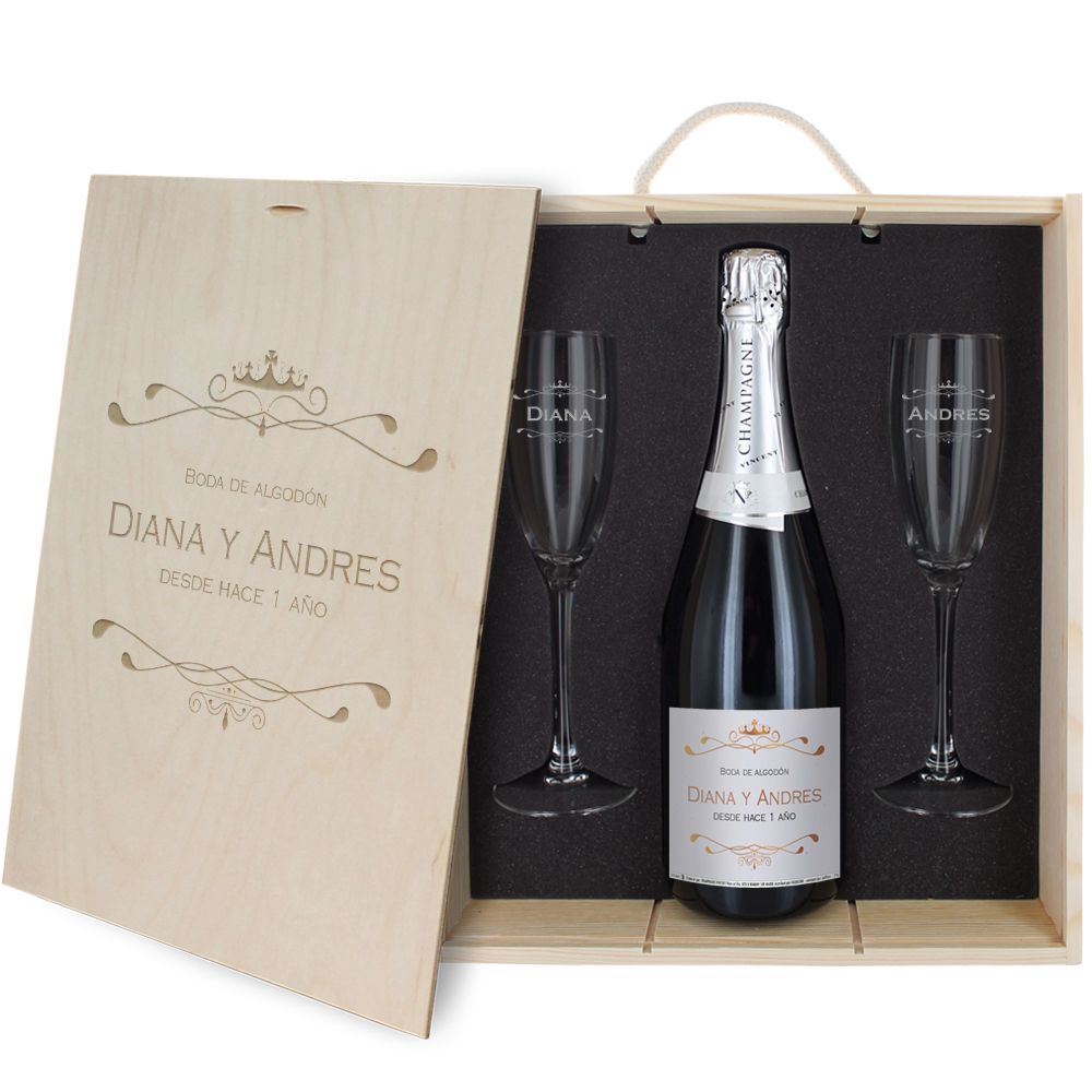 Caja de regalo Luxury : botella de champán y dos copas