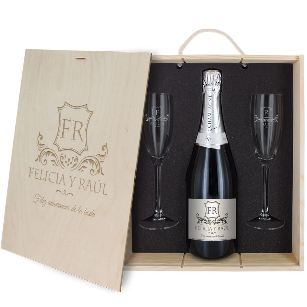 Caja de regalo Monograma : botella de champán y dos copas