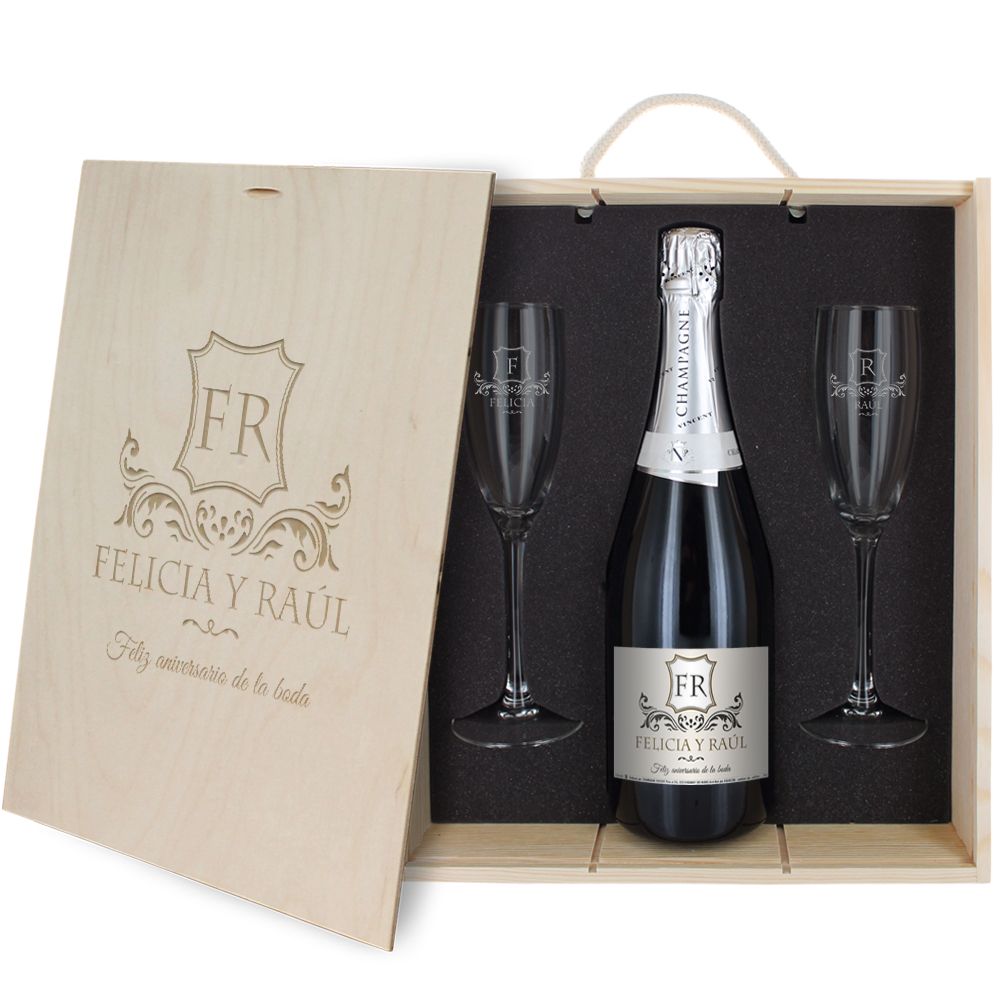 Caja de regalo Monograma : botella de champán y dos copas Caja de regalo Monograma : botella de champán y dos copas