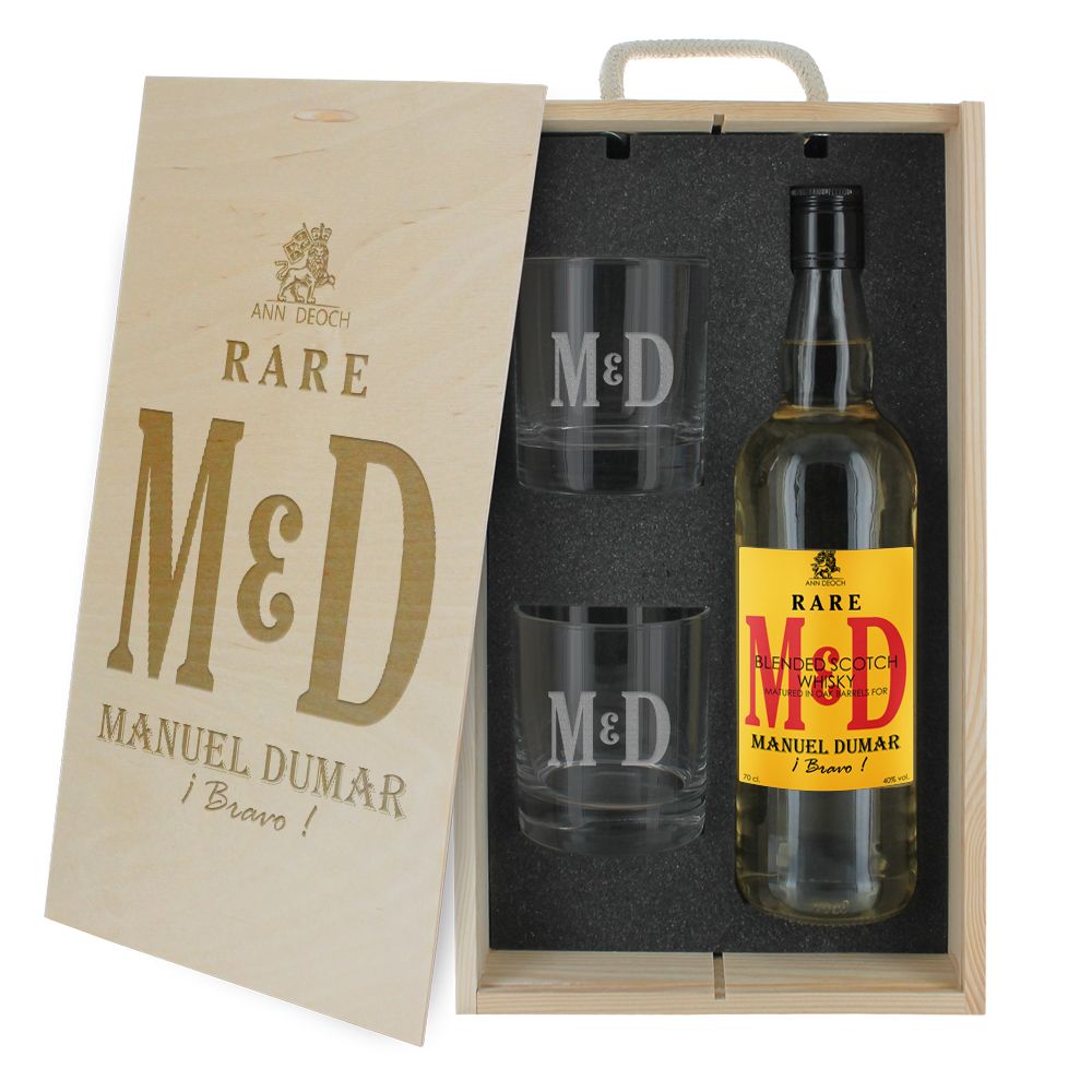 Caja de regalo Iniciales : botella de whisky y dos vasos Caja de regalo Iniciales : botella de whisky y dos vasos