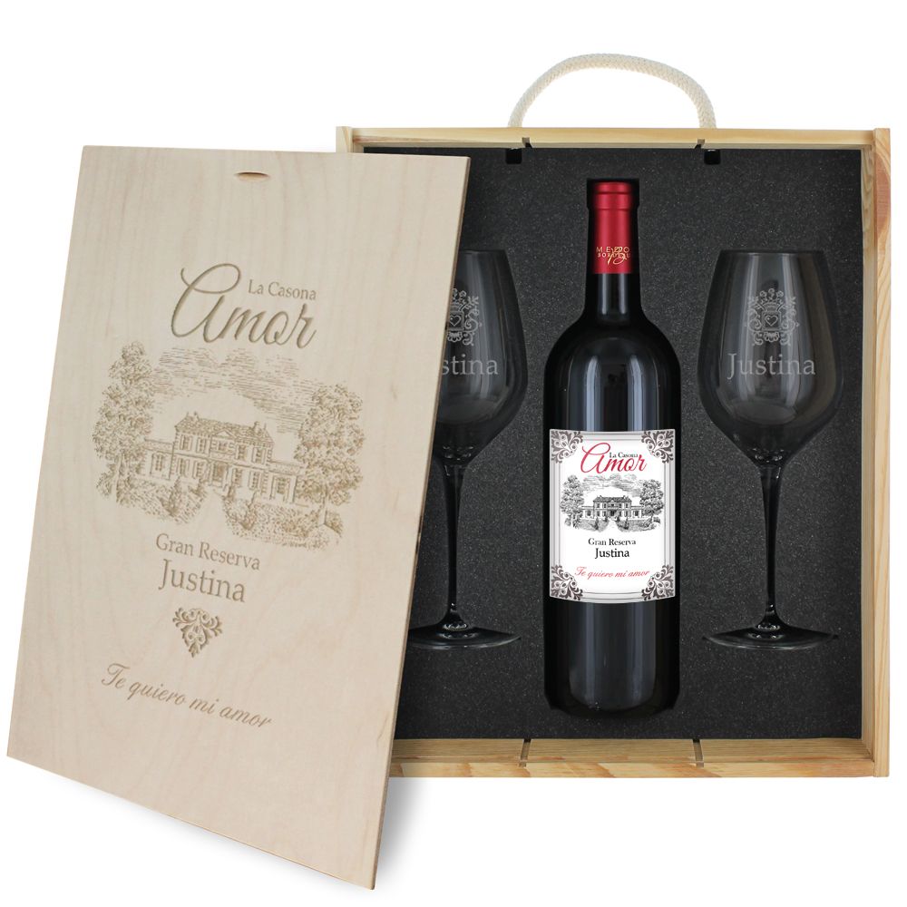 Caja de regalo Amor : botella de vino y dos copas