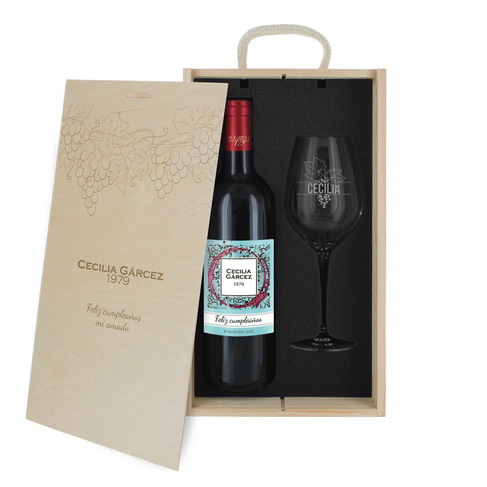 Caja de regalo viñedo : botella de vino y una copa