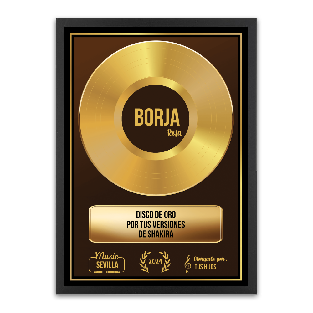 Disco dorado personalizado en p�ster enmarcado
